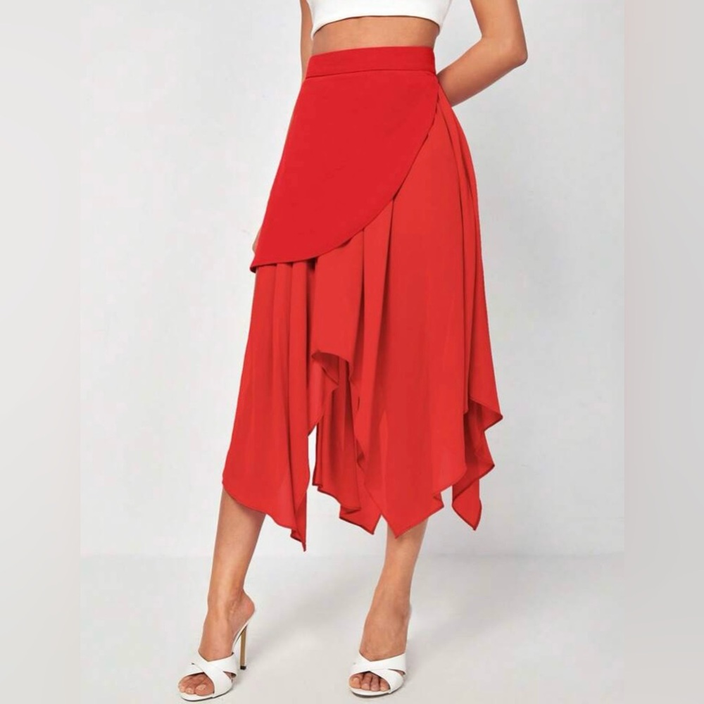 Red High Waist Asymmetrical Hem Skirt